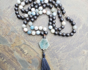 Aquamarine and Hematite Mala