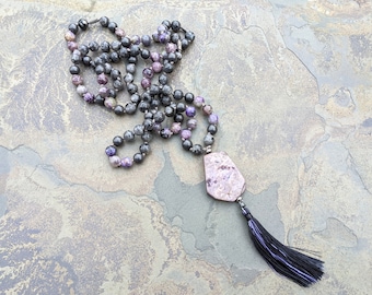 Charoite, Hematite, Larvikite Mala