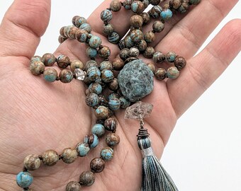 Blue and Brown Jasper, Chrysocolla, Herkimer Diamond Mini Mala - 108 Stones