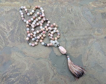 Pink Opal and Selenite Calcite Mala - 108 Stones