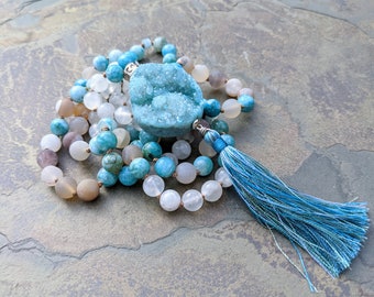 Blue Hemimorphite, Selenite Calcite, Agate, and Druzy Quartz Geode Mala - 108 Stones