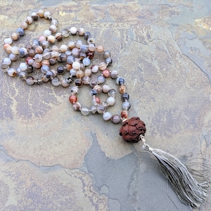 Botswana Agate and Red Sandalwood Lotus Mala - 108 Stones