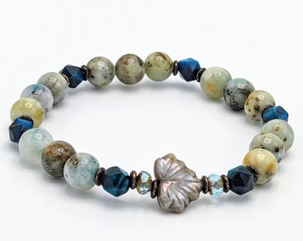 Fluorescent Hackmanite Beaded Bracelet with Blue Tiger's Eye, Brass, and Czech Glass Leaf