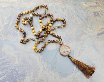 Green Demantoid Garnet and Tiger's Eye Mala - 108 Beads