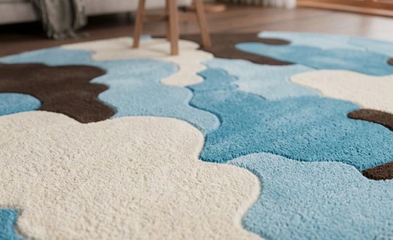 May include: A circular area rug featuring a tufted, high-pile texture with an abstract, organic pattern of interlocking shapes in shades of cream, light blue, and dark brown. The rug has a thick, plush surface with distinct color-blocked sections.
