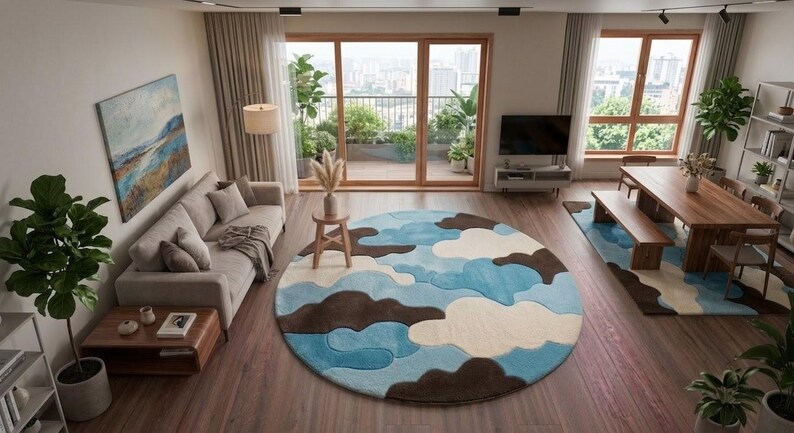 May include: A large circular area rug featuring a layered, abstract cloud pattern in shades of sky blue, cream, and dark brown. The rug is placed in the center of a living room with hardwood floors, a beige sofa, and a wooden dining table set.