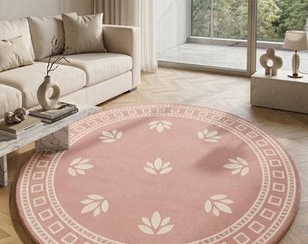 Hand Tufted Wool Round Rug, Pink Floral Nursery Carpet, Modern Living Room Accent