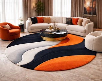 Modern Abstract Round Rug, Hand Tufted Wool Blend Carpet, Black White Orange