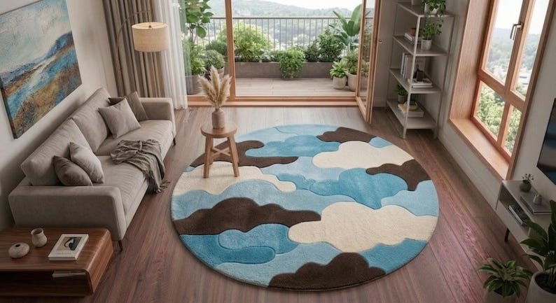 May include: A large circular area rug featuring a layered, abstract pattern of clouds in shades of light blue, medium blue, cream, and dark brown. The rug has a soft, textured appearance with distinct, curved shapes that overlap to create a sky-like design.