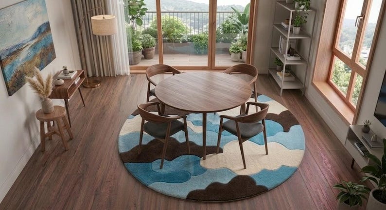 May include: A round wooden dining table with four matching chairs featuring dark gray upholstered seats. The furniture set is placed on a large circular area rug with a layered, abstract pattern in shades of blue, brown, and cream.