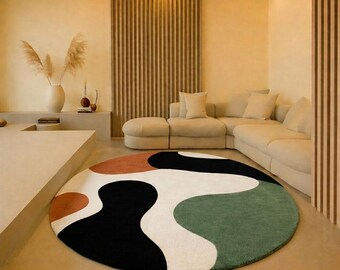 Hand Tufted Wool Round Rug, Abstract Geometric Black Cream Green Orange Carpet