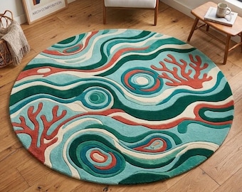 Hand Tufted Round Rug, Teal Coral Abstract Ocean Wave Carpet, Coastal Home Decor