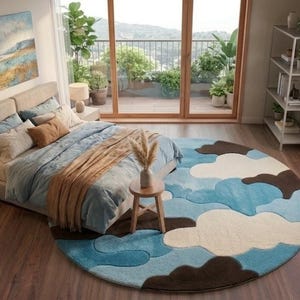 Abstract Cloud Shape Round Rug – Blue Brown Tufted Carpet for Living Room image 1