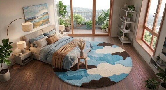 Abstract Cloud Shape Round Rug – Blue Brown Tufted Carpet for Living Room
