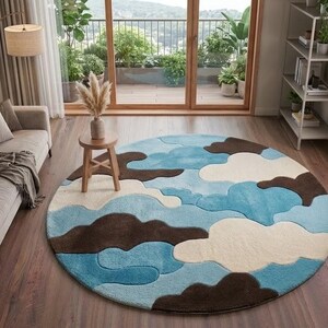 Abstract Cloud Shape Round Rug – Blue Brown Tufted Carpet for Living Room image 4