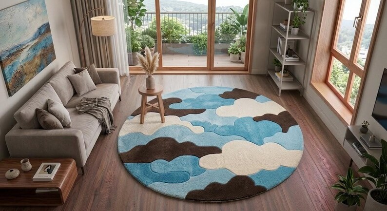 Abstract Cloud Shape Round Rug – Blue Brown Tufted Carpet for Living Room image 4