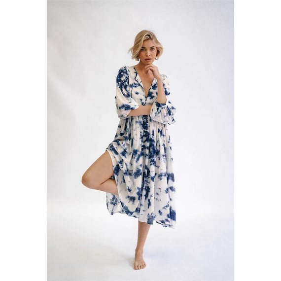 Blue Tie-Dye Midi Dress Boho Balloon Sleeve V-Neck