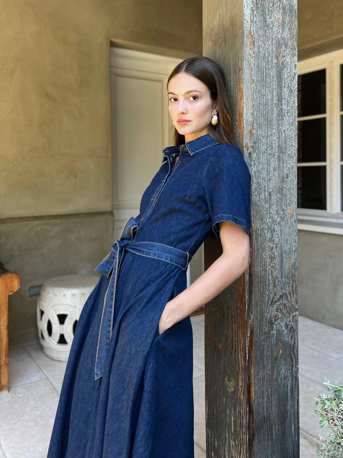 white christmas dresses Short Laine Tie Front Long Dress Light Denim