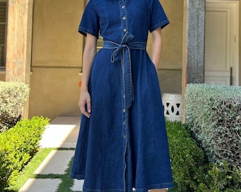 Denim Shirt Dress with Waist Tie Belt: Classic Midi Style