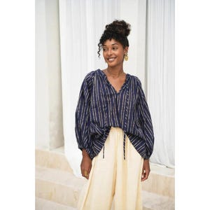 Navy & Gold Striped Cotton Tunic Top: Handloom Boho Blouse