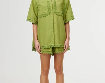 Set aus olivgrüner Baumwolle und besticktem Boho Top