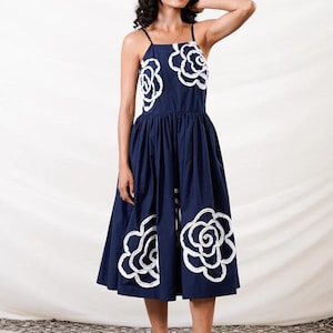 Navy Blue Floral Embroidered Midi Dress, Sleeveless Summer Dress, Spaghetti Strap Cotton Dress,