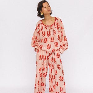 Boho Floral Handblock Co-ord Set in Cotton ,Printed Cotton Lounge Set with Wide-Leg Pants,
