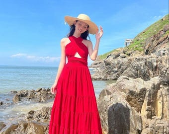 Summer Layered Maxi Dress Women's Halter Neck Ruffled Long Dress Boho Beach  Party Vacation Outfit Elegant Tiered Dress Gift Ideas - Etsy
