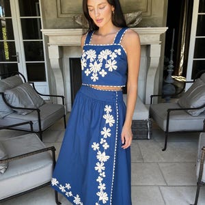 Blue Embroidered Co-ord Set with Floral Detailing ,Floral Embroidered Cotton Co-ord Set in Blue,