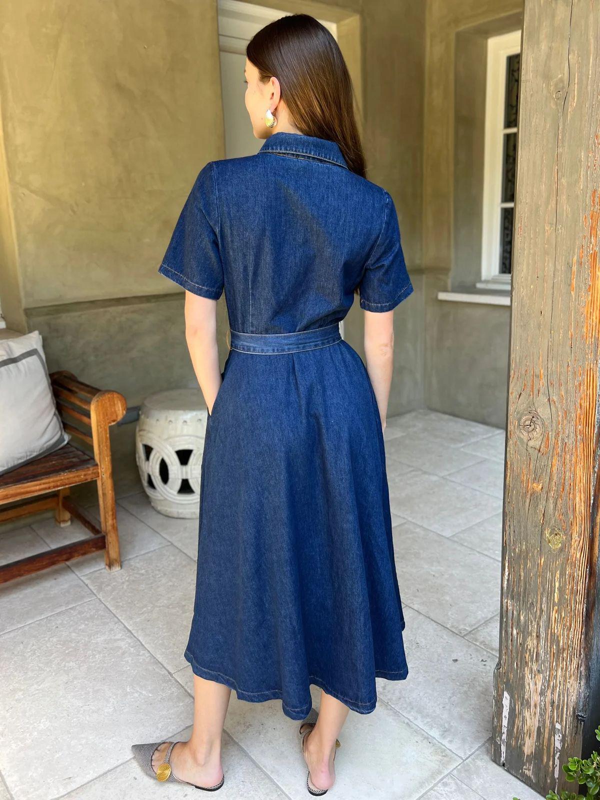 Denim Shirt Dress with Waist Tie Belt: Classic Midi Style