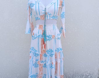 Vestido caftán de algodón Pastel Garden: Estampado floral bohemio