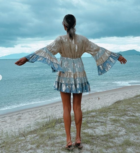 Boho Sequin Mini Dress: Flared Sleeve Beach Glam