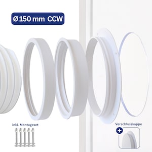 Op de afbeelding: Een explosietekening van een witte ronde ventilatieset met een diameter van 150 mm en linksdraaiende schroefdraad. De set bevat meerdere witte ringen, een doorzichtige ronde schijf en een montageset met vijf bouten, moeren en ringen.