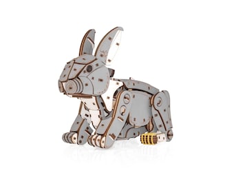 Wooden Mechanical Rabbit Construction Kit: Spring-Driven Hopping Model, 288 Parts, Natural Wood Assembly Toy