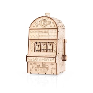 May include: A wooden slot machine with the text "Las Vegas" and "Wins" engraved on the front. The slot machine has three reels with symbols like stars, hearts, and bars. The phrase "All In" is also visible.