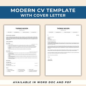 Modern CV Template with Cover Letter | Professional Resume Design | Editable Word & PDF | Digital Download for Job Search Success