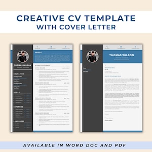 Plantilla de CV creativa con carta de presentación / Diseño de currículum moderno / Word y PDF editables / Descarga digital para encontrar trabajo con éxito