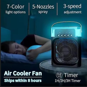 Aire acondicionado doméstico tres en uno, pequeño ventilador portátil, humidificador nocturno para el hogar, ventilador con luz nocturna LED, altura 26 cm