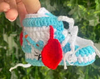 Newborn Baby Blue and White Crochet Knitted Sneakers Bootie Shoes Sneakers Baby Shower Gift Daddy and Me Nike 1s Gender Reveal Gift