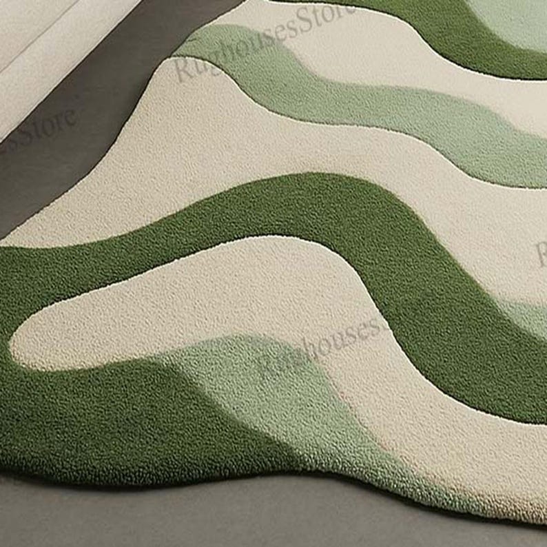 Modern Wavy Green Abstract Rug Retro Mid Century Carpet for Living Room ...