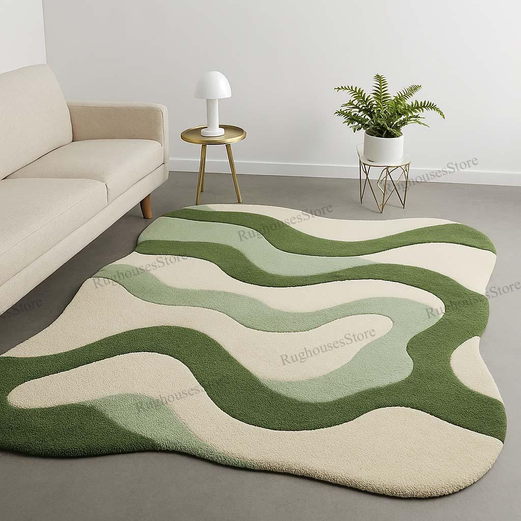 Wavy Small Rug Modern Wavy Green Abstract Rug, Retro Mid Century Rug, Rug Living Room ...