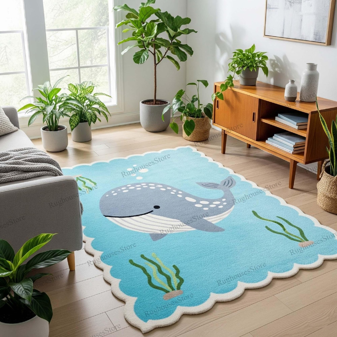 Cute Whale Kids Rug Ocean Theme Nursery Carpet Soft Sea Animal Play Mat ...