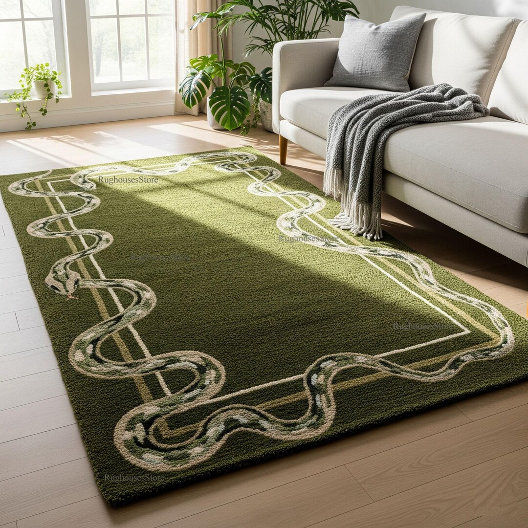 Hand Tufted Wool Rug, Green Snake Border Rug | Unique Serpent Design ...