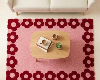 Hand Tufted Daisy Flower Rug, Pink Floral Area Rug, Coquette Bedroom Carpet, Retro Flower Accent Rug, Cute Statement Floor Decor.