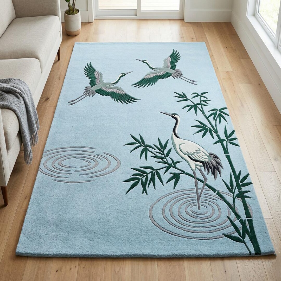 Japanese Crane Area Rug, Zen Minimalist Carpet, Bamboo Bird Design ...