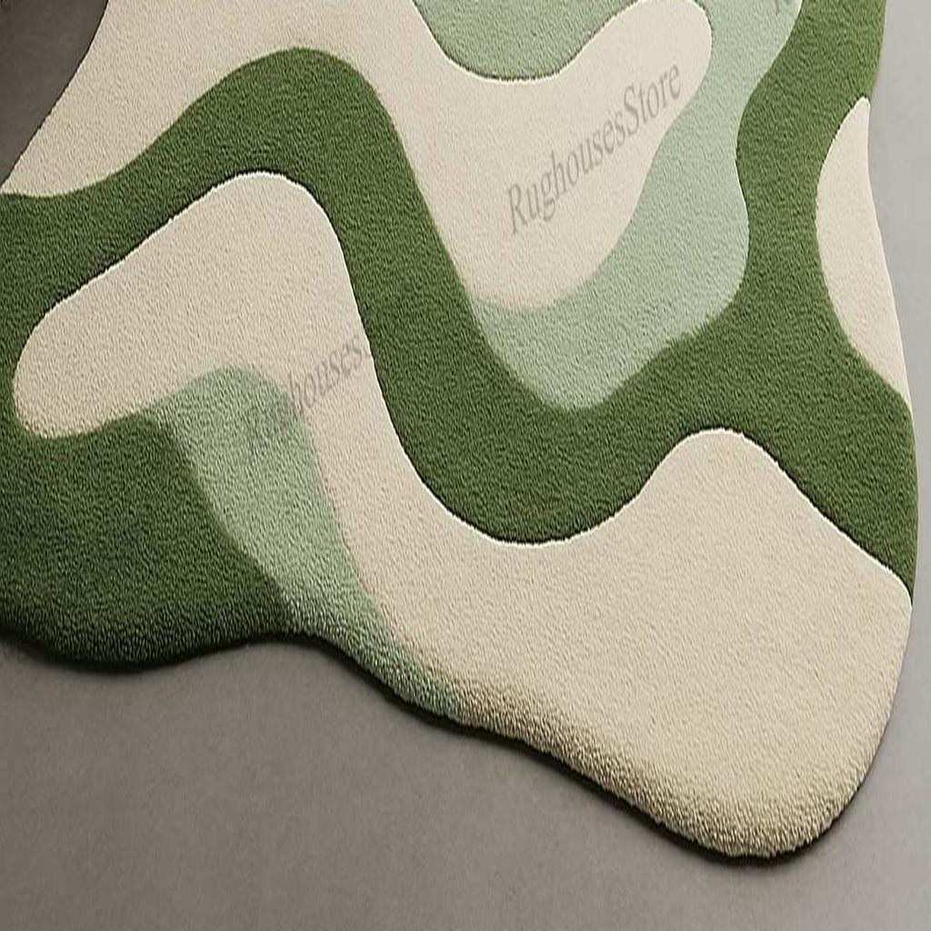 Modern Wavy Green Abstract Rug, Retro Mid Century Rug, Rug Living Room ...