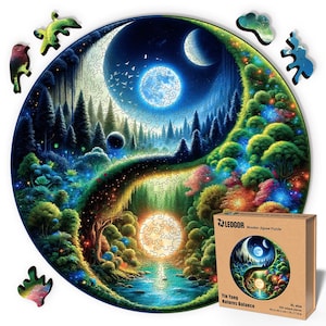 May include: A wooden jigsaw puzzle depicting a Yin Yang design with a nature theme. The puzzle features a detailed illustration of a forest, moon, and water. The box shows the puzzle image and text: "Yin Yang Nature's Balance".