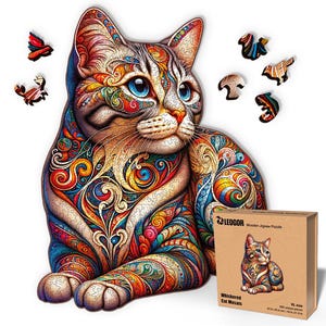 May include: A colorful wooden jigsaw puzzle featuring a detailed cat design with blue eyes and intricate patterns in various colors. The puzzle includes unique shaped pieces and comes in a box with a matching image. The box dimensions are 10.8 x 8.25 x 2.1 inches.