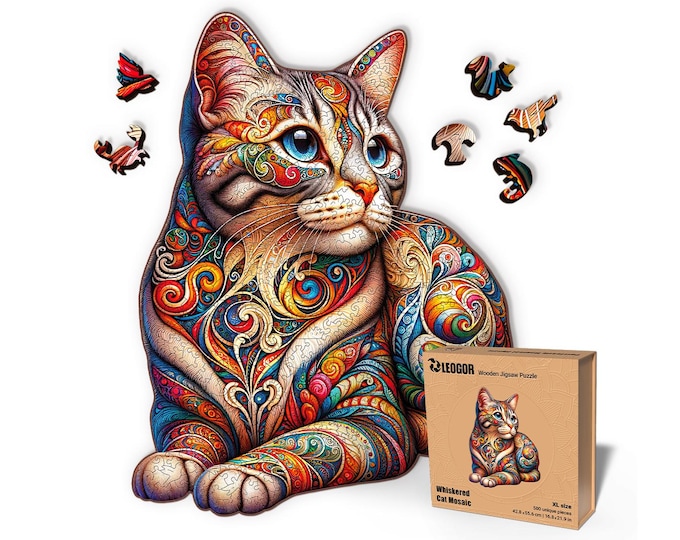 Extra-Thick 5mm Wooden Puzzle for Adults – 500 Pieces | Wood Puzzles Adult with Unique Hand-Shaped Pieces, Whiskered Cat Mosaic