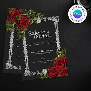 Gothic Hochzeitseinladungs-Vorlage | Dunkle elegante Leinwand einladen | Kurze Minimalistische Hochzeitskarte | Schwarz Romantische Printable | Feierliche Zeremonie